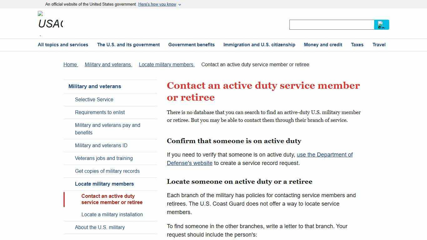 Contact an active duty service member or retiree | USAGov
